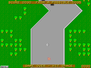Racer (DOS) screenshot: Game Over. The object was not a power up, it was a mine. The CGA/VGA version displays the player's score on the game description screen Shareware version (VGA)