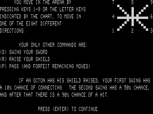 Arena of Octos (TRS-80) screenshot: Commands