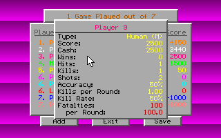Tank Wars (DOS) screenshot: Here a game has been completed and individual statistics are displayed