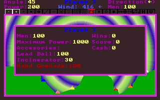 Tank Wars (DOS) screenshot: The players are dropped onto the screen. Each is identified by a separate colour. By clicking on any tank it's stats can be displayed