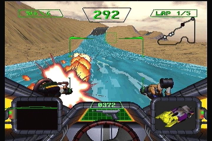 Crash 'n Burn (3DO) screenshot: Light em up with the mounted flamethrower.