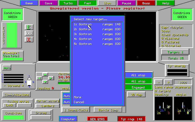 SIMSpace (DOS) screenshot: The mission is to stop Target 1 leaving the solar system. Here the player is selecting that ship as their primary target. Speed is important as other ships will try to intervene