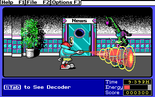 Super Solvers: OutNumbered! (DOS) screenshot: Catching a TV set with your zapper (EGA)