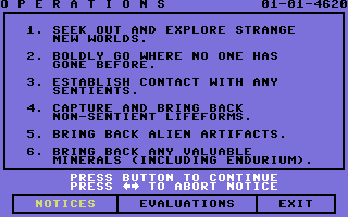 Starflight (Commodore 64) screenshot: Your mission