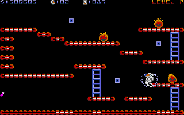 Robert in the Fire Factory (Atari ST) screenshot: Collecting one of the blue power ups gathers a shield, and enables the killing of the flames