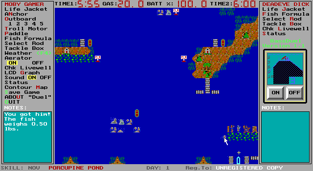 BassDuel (DOS) screenshot: The window in the lower left informs the player when a fish has been caught