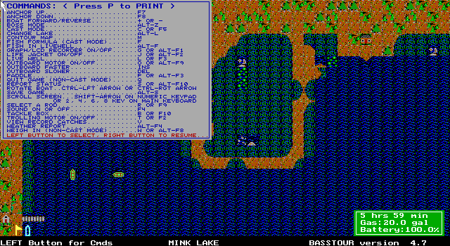 BassTour (DOS) screenshot: These are the keyboard commands, they are displayed by left clicking the mouse