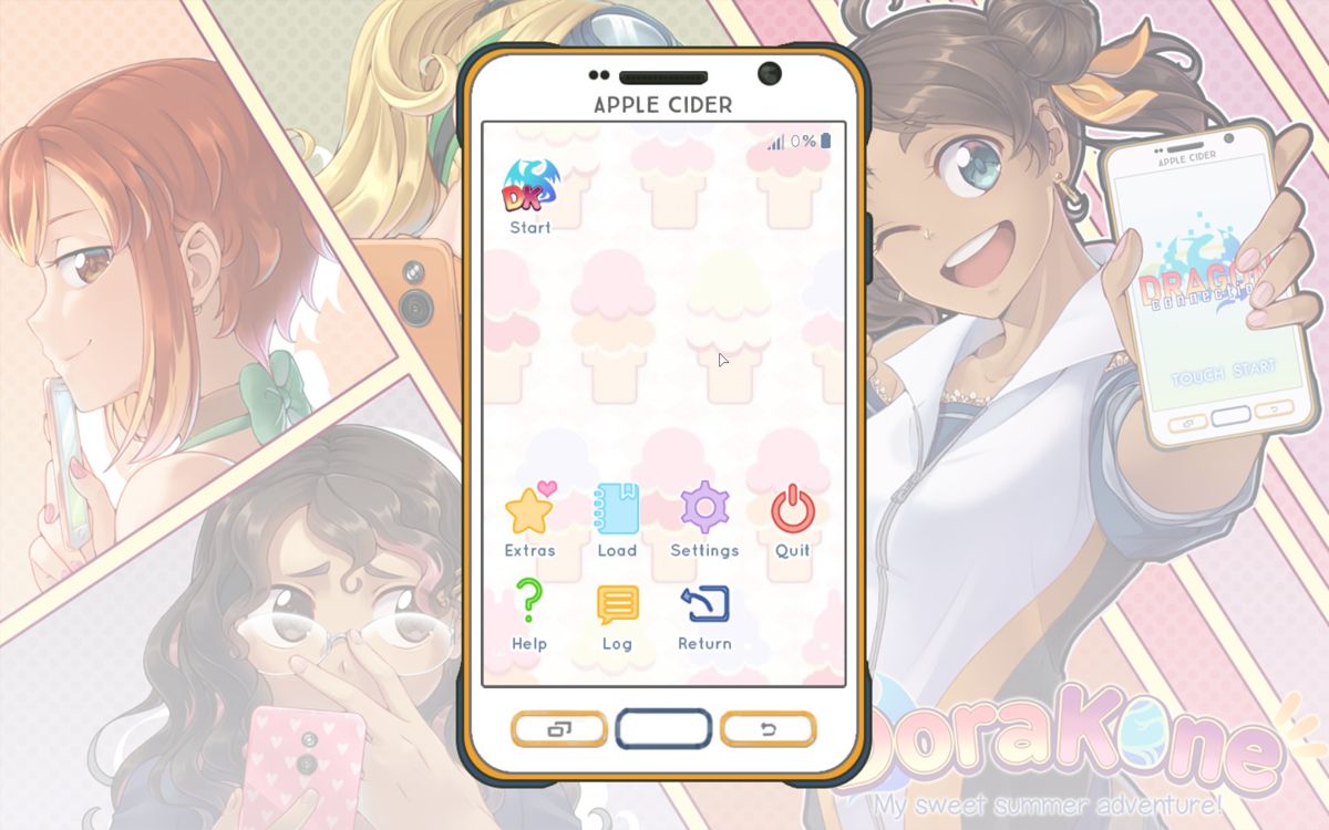 DoraKone (Windows) screenshot: The game's main menu is built into Dulce's phone
