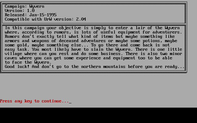 UnReal World (DOS) screenshot: Campaign description (v2.04).