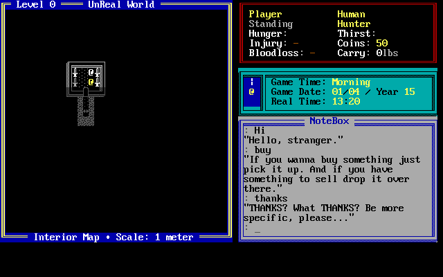UnReal World (DOS) screenshot: Trying to chat with a shopkeeper.
