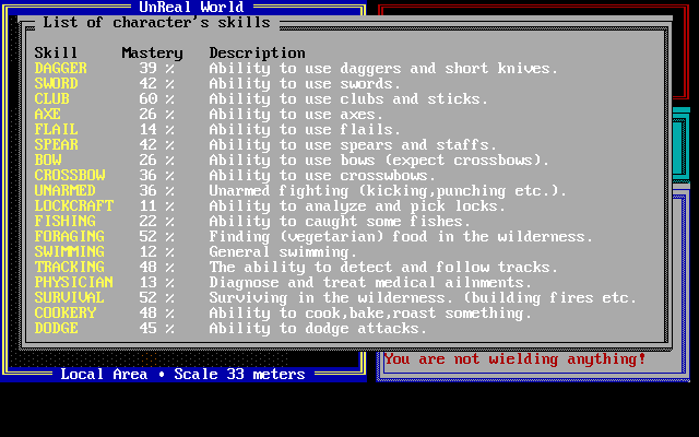 UnReal World (DOS) screenshot: The list of skills that the player character has.