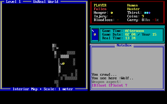 UnReal World (DOS) screenshot: An encounter with a wolf in a cavern. In battle, any weapon can be aimed and used in several ways.