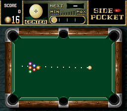 Side Pocket (SNES) screenshot: The game begins: try strike many possible balls with one move!