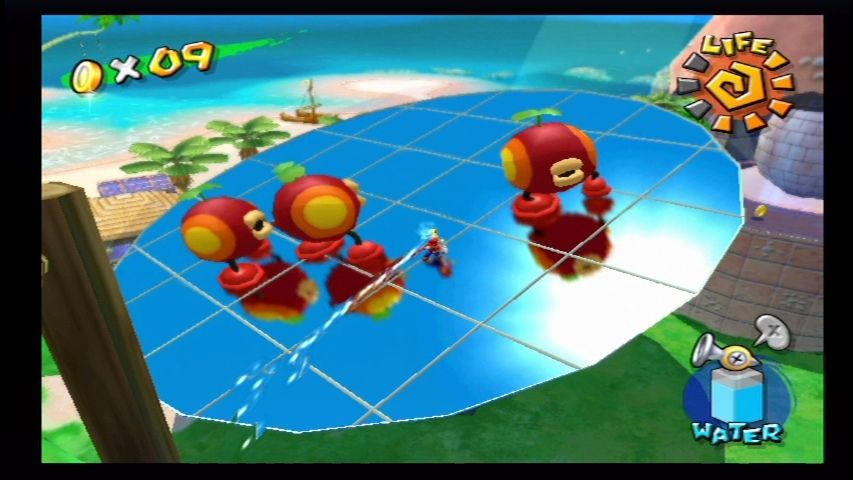 Super Mario Sunshine (GameCube) screenshot: Fighting critters on a solar mirror. Check the reflections.