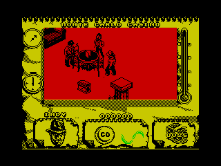 Indiana Jones and the Fate of Atlantis: The Action Game (ZX Spectrum) screenshot: I think there's a customer throwing a tantrum on one of the tables