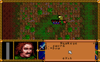 J.R.R. Tolkien's The Lord of the Rings, Vol. I (DOS) screenshot: You gradually recruit many characters into your party. Hawkeye here has his own interesting background. I don't recall him from any Tolkien work...