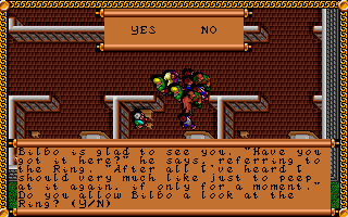 J.R.R. Tolkien's The Lord of the Rings, Vol. I (DOS) screenshot: Uh-oh, this is a tough choice... Would you go through it, Frodo?..