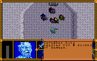 J.R.R. Tolkien's The Lord of the Rings, Vol. I (DOS) screenshot: A boss battle against a mysterious ghost in the icy region. Like most combat in the game, it is completely optional