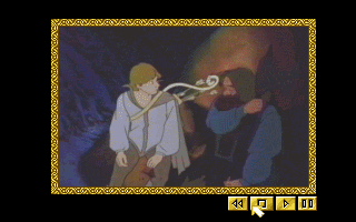 J.R.R. Tolkien's The Lord of the Rings, Vol. I (DOS) screenshot: A scene showing Legolas and Gimli talking. This movie clip is actually quite long