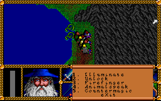 J.R.R. Tolkien's The Lord of the Rings, Vol. I (DOS) screenshot: Fighting tentacles in a famous scene near the entrance to Moria. Gandalf here is ready to cast some nifty spells