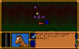 J.R.R. Tolkien's The Lord of the Rings, Vol. I (DOS) screenshot: You can recruit a PONY. He can fight, too! Take this, you dirty... ehh... brigand!..