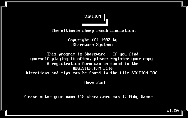 Station (DOS) screenshot: This is the initial game screen. There are a few setup questions that are asked here such as name, name of ranch and how fast do you want the game to play?