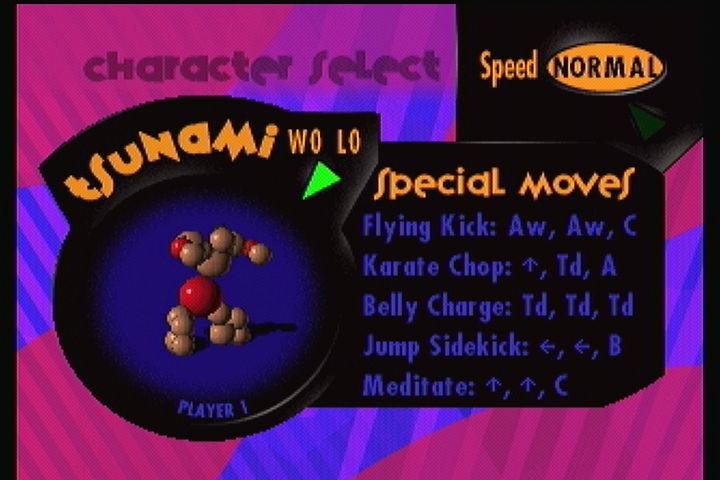 Ballz: The Director's Cut (3DO) screenshot: Character select menu lists special moves.