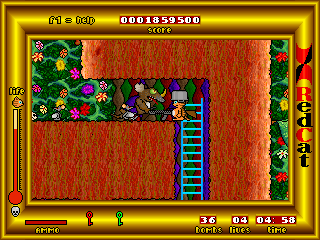 RedCat (DOS) screenshot: As you progress through the game, bigger mice will show up trying to kill you.
