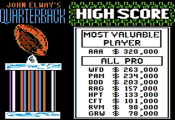 Quarterback (Apple II) screenshot: High Scores List