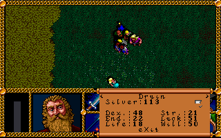 J.R.R. Tolkien's The Lord of the Rings, Vol. I (DOS) screenshot: Things have happened - and you emerge in Lothian, or whatever Galadriel's country is called. My optional dwarf character is proudly displaying his attributes