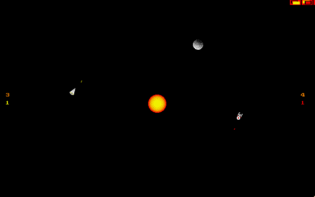 Space War (Amiga) screenshot: A Space War battle; don't crash into the sun!
