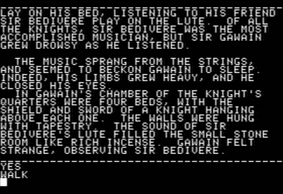 Brimstone (Apple II) screenshot: Listening to Sir Bedivere
