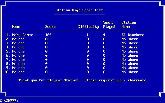 Station (DOS) screenshot: When the player logs out they are shown their score. This can be seen in game via Game Options / Evaluation.