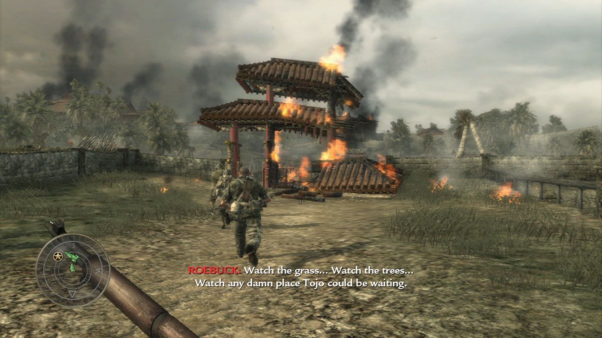 Call of Duty: World at War (PlayStation 3) screenshot: Japanese defenses around the temple are looking impenetrable... and we need ammo, SOON!