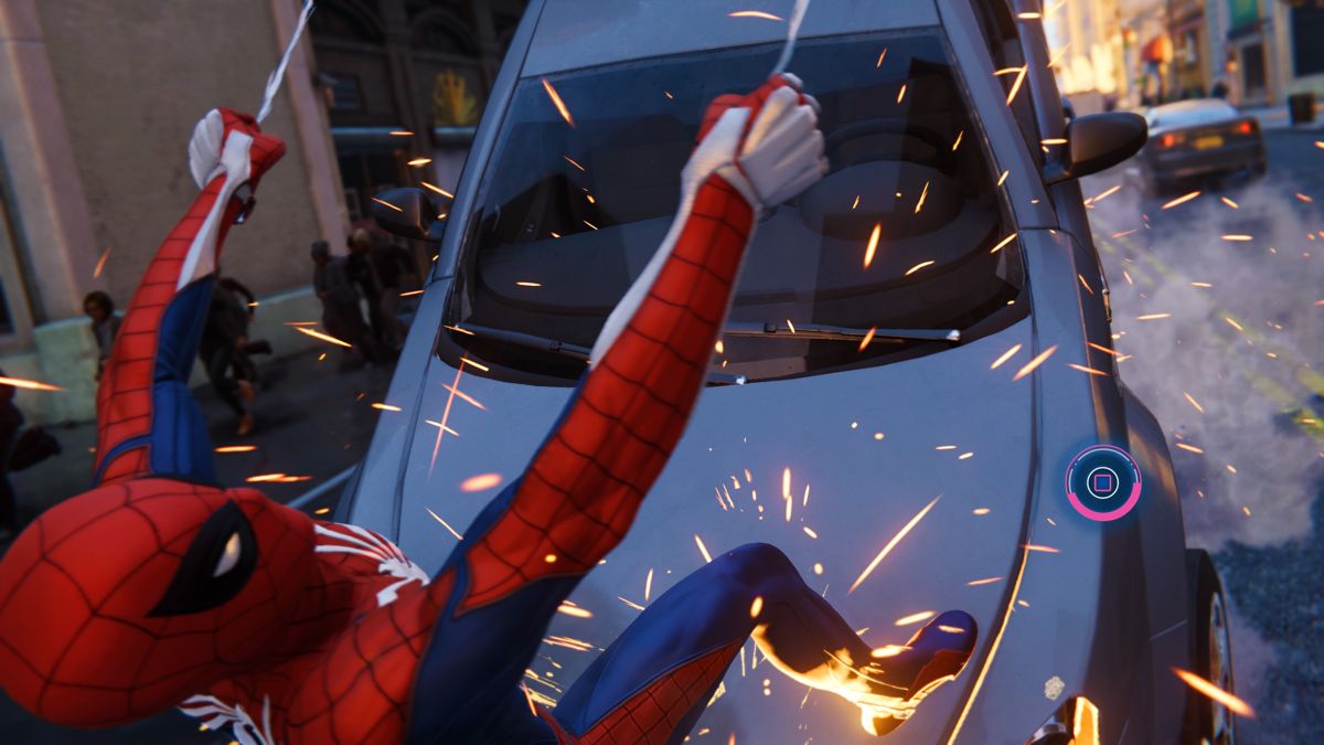 Marvel Spider-Man (PlayStation 4) screenshot: Stopping the car, the spidey-way