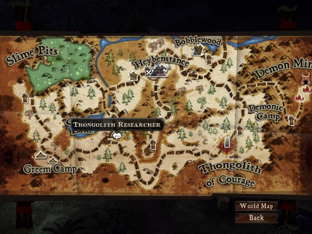 DeathSpank (Windows) screenshot: Area Map - Shows the locations of non-player characters (NPCs) and active quests. This is only but a small portion of the entire world map.