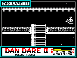 Dan Dare II: Mekon's Revenge (ZX Spectrum) screenshot: This is a time limited puzzle. Dan mist do what he's gotta do before the timer runs out or else the mission is over