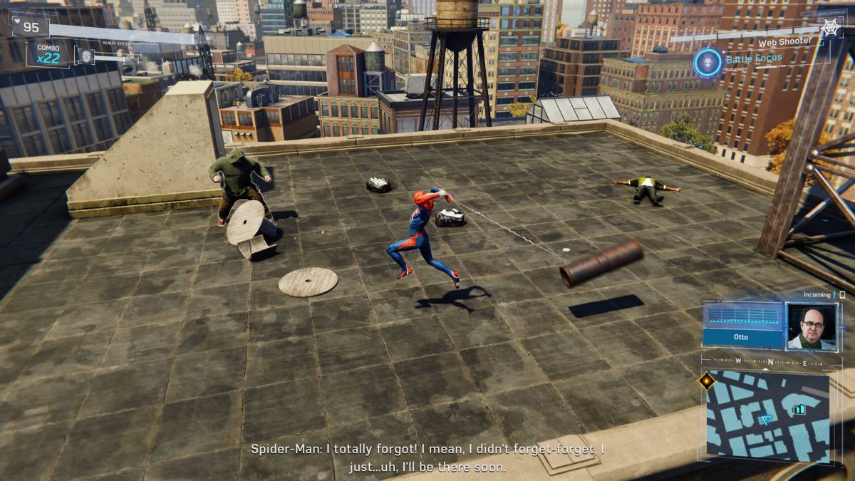 Marvel Spider-Man (PlayStation 4) screenshot: Spider-Man can web and toss various nearby objects at his enemies