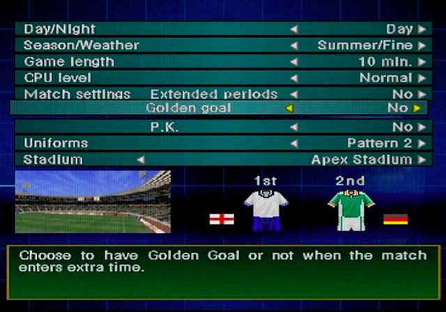 ISS Pro Evolution 2 (PlayStation) screenshot: Match Settings