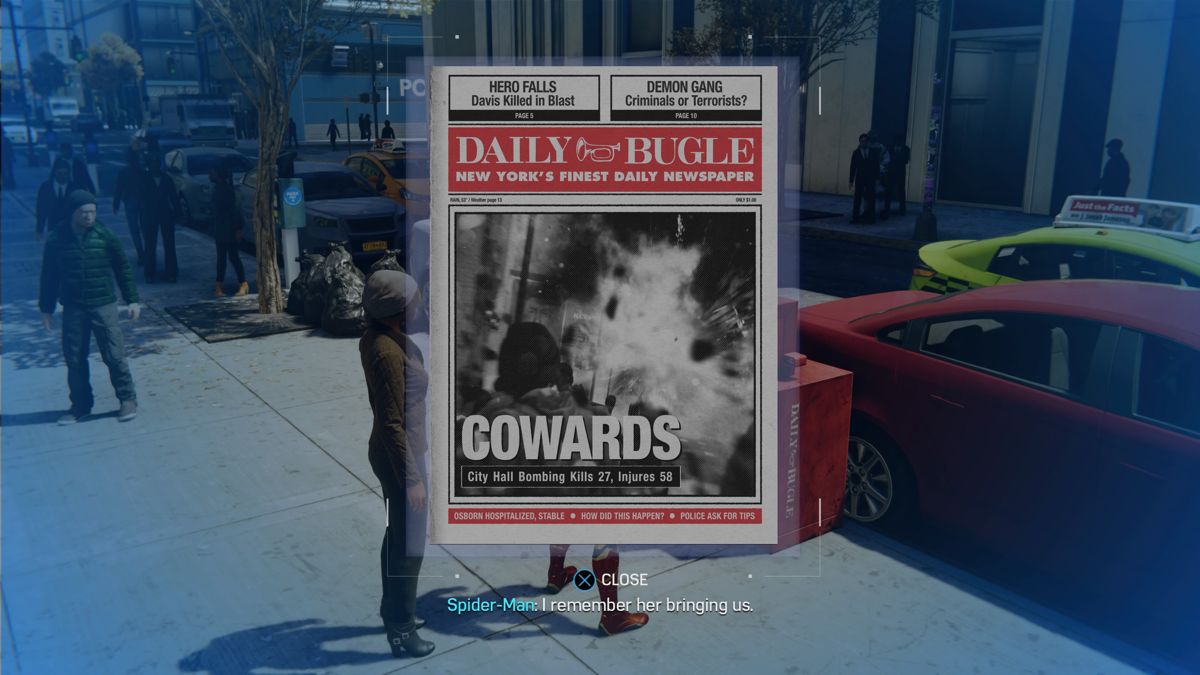 Marvel Spider-Man (PlayStation 4) screenshot: Daily Bugle newspapers can be picked up at various areas around the city