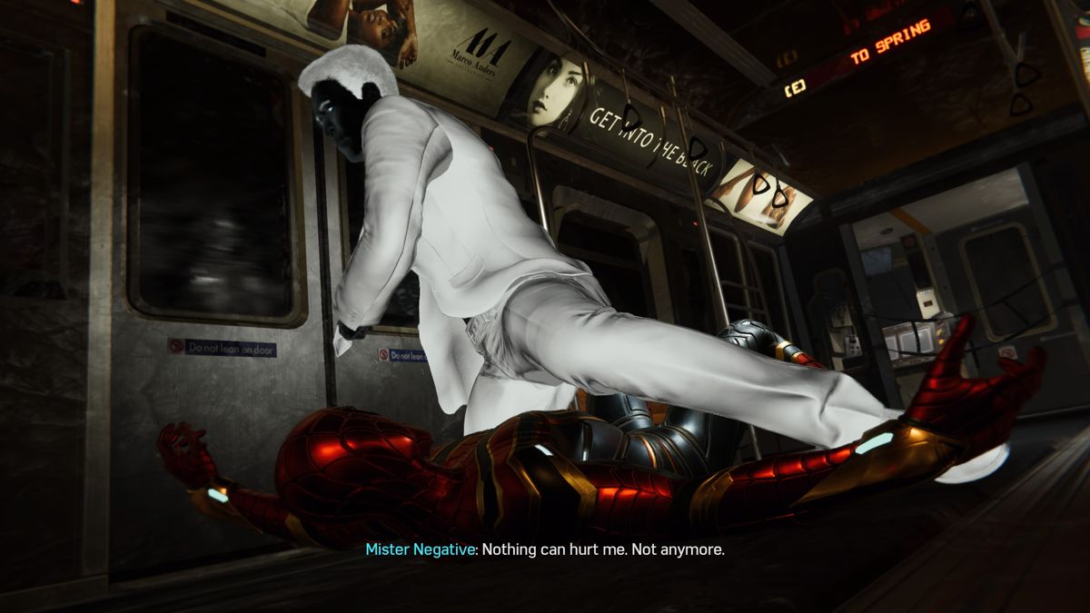 Marvel Spider-Man (PlayStation 4) screenshot: Fighting Mister Negative on a subway train