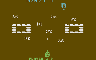 Tank Attack (Commodore 16, Plus/4) screenshot: Firing at the other player