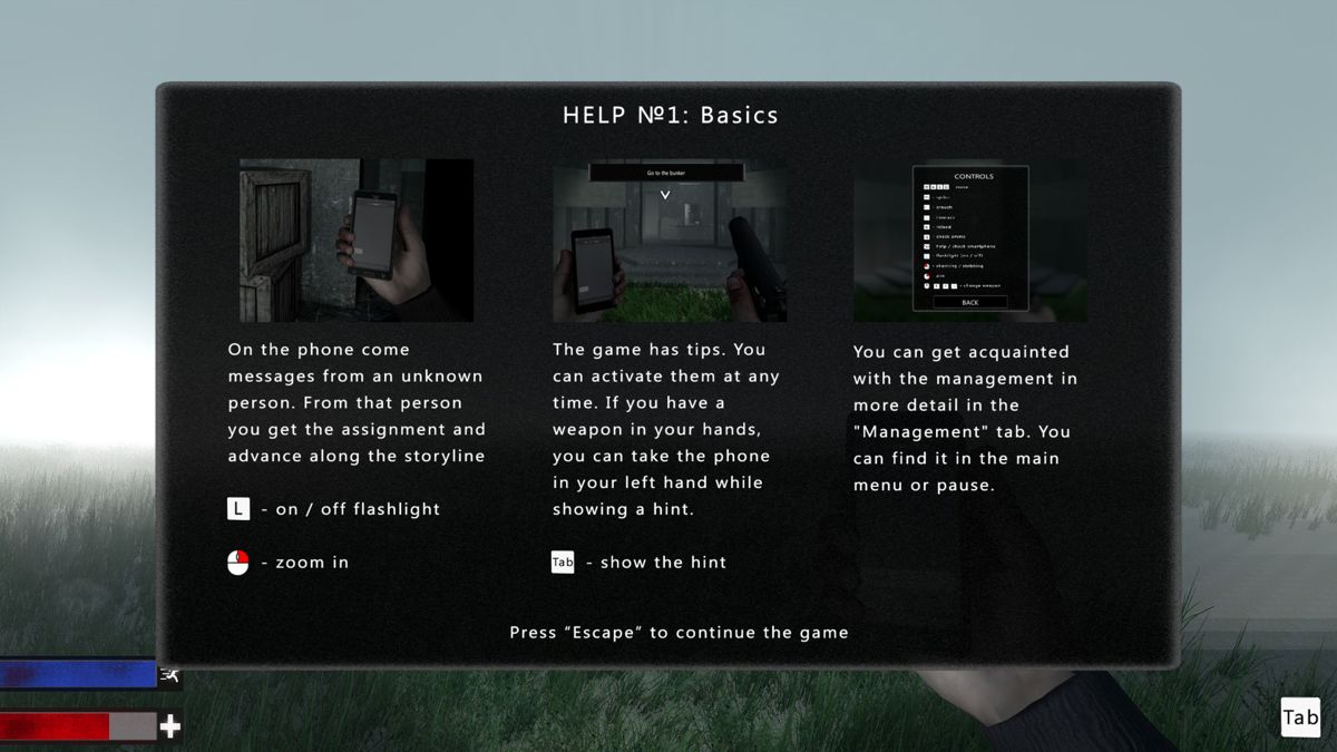 03.04 (Windows) screenshot: In the early stages of the game there are a few help screens such as this. This one appears immediately after we start looking for the bunker<br><br>Demo version