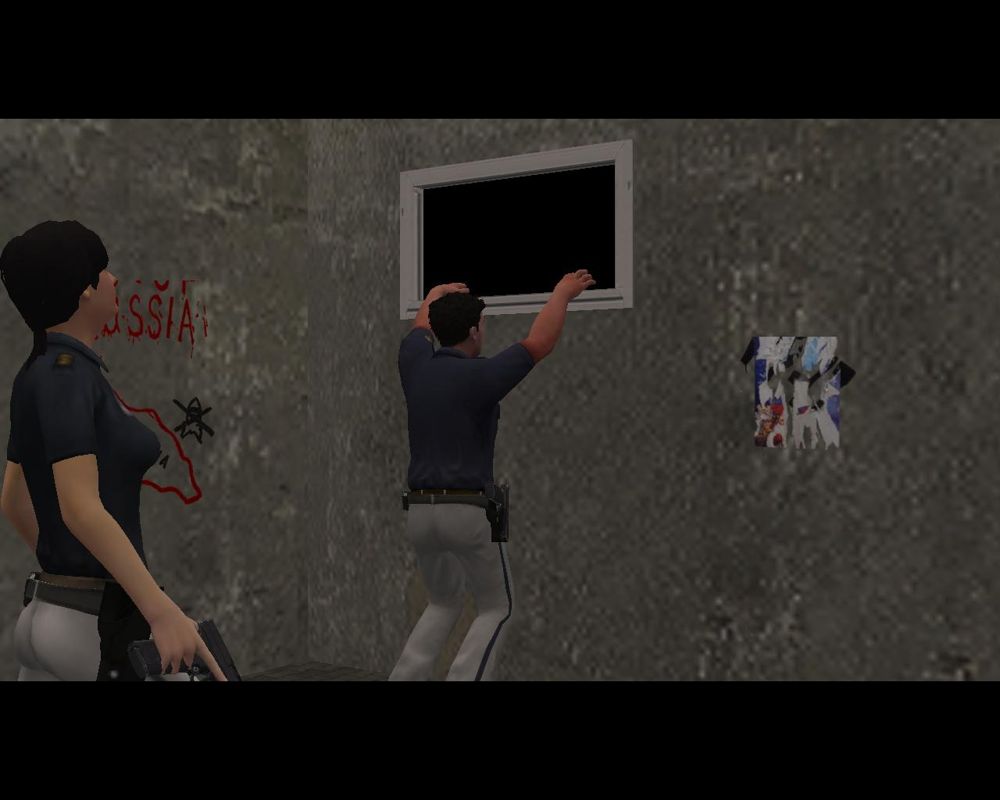 Politsia (Windows) screenshot: Protagonist is climbing a hatch. Policewoman will stay outside for a certain reason. (introduction)