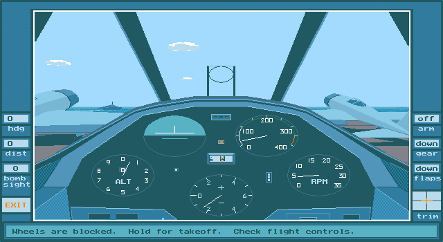 Flight Action (DOS) screenshot: sitting on carrier deck