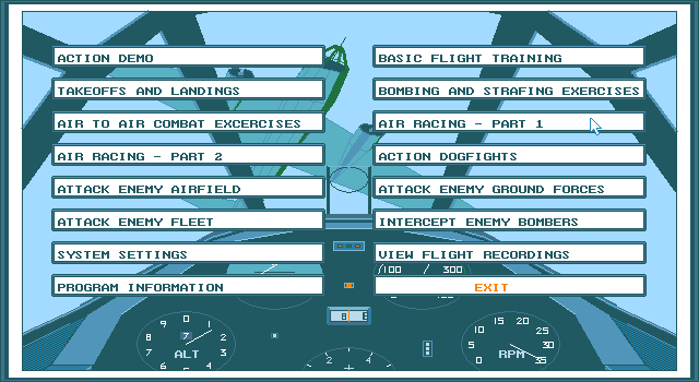 Flight Action (DOS) screenshot: main menu alternate