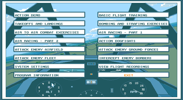 Flight Action (DOS) screenshot: main menu