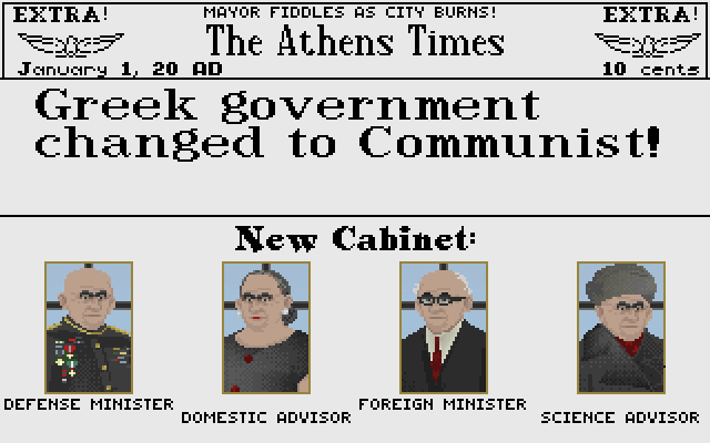 Sid Meier's Civilization (DOS) screenshot: The look of your advisers changes depending on your type of government