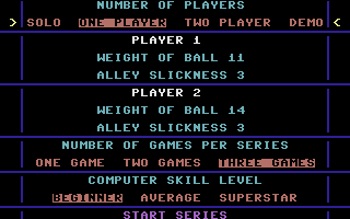 Superstar Indoor Sports (Commodore 16, Plus/4) screenshot: Ten Pin Bowling: Options