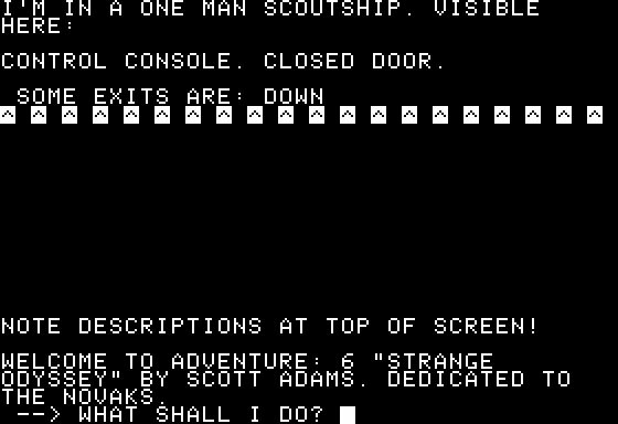Scott Adams' Graphic Adventure #6: Strange Odyssey (Apple II) screenshot: Text Mode